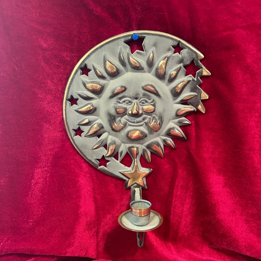 VINTAGE CELESTIAL SUN MOON PATINA WALL HANGING CANDLE HOLDER